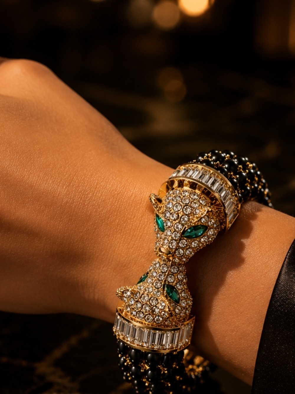 Luxury Panther Cuff Bracelet Black Crystal Gold Statement